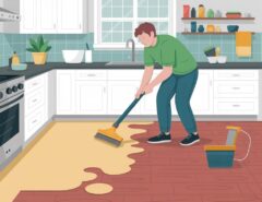 Person using a floor scraper to remove old linoleum flooring from a kitchen.