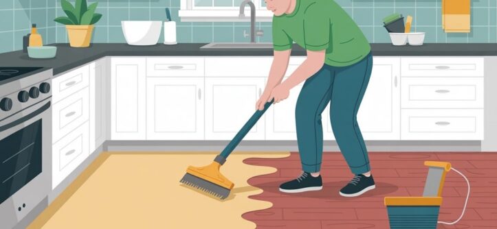 Person using a floor scraper to remove old linoleum flooring from a kitchen.
