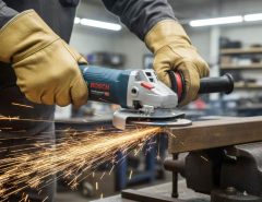 Bosch GWS8-45 angle grinder in action cutting metal sparks