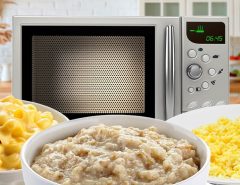 Compact microwave oven heating student meal in dorm room