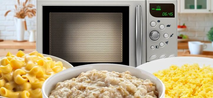 Compact microwave oven heating student meal in dorm room
