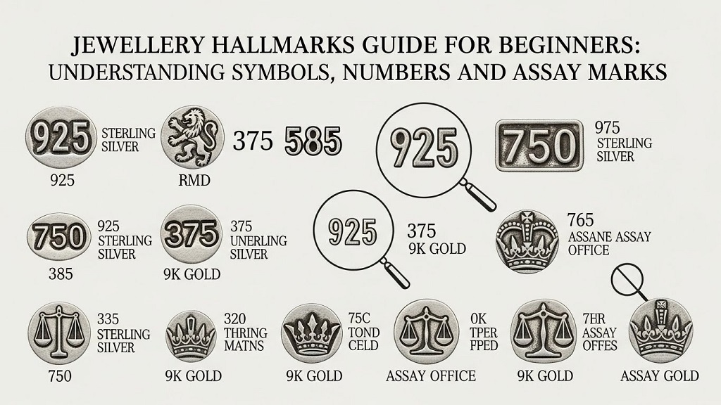 Chart explaining jewellery hallmark symbols and their meanings