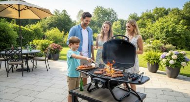 Family gathered around a freshly set up gas grill on a sunny patio during backyard entertaining