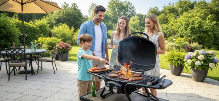 Family gathered around a freshly set up gas grill on a sunny patio during backyard entertaining