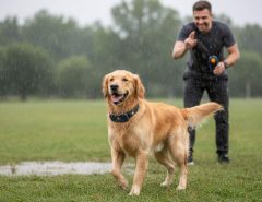 Happy dog wearing Bousnic waterproof shock collar during rainy outdoor training session