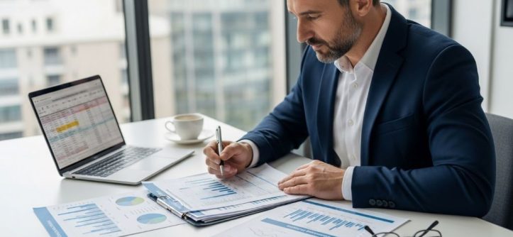 Real estate investor reviewing business plan documents and financial projections for passive income properties