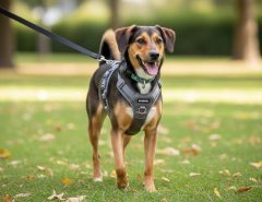 Medium-sized dog wearing grey PHOEPET no-pull front clip harness walking calmly on loose leash in park