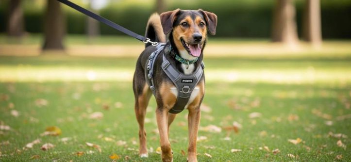 Medium-sized dog wearing grey PHOEPET no-pull front clip harness walking calmly on loose leash in park