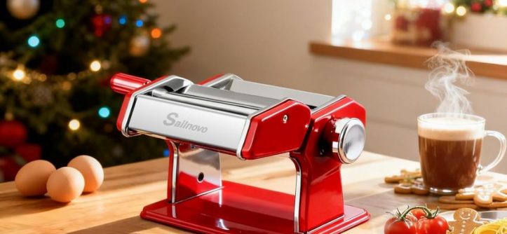 Close-up of Sailnovo 2-in-1 pasta maker showing simple controls and rollers