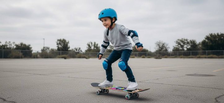 Young beginner pushing on Roller Derby Deluxe skateboard in empty parking lot wearing full protective gear