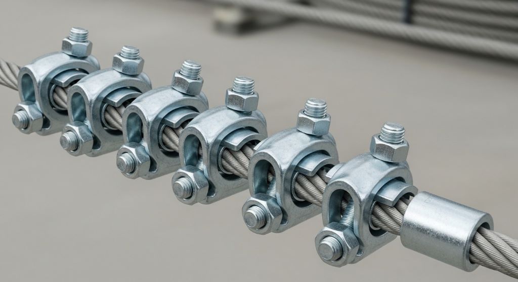 Multiple galvanized cable clamps properly installed on wire rope showing correct spacing and orientation for maximum holding strength