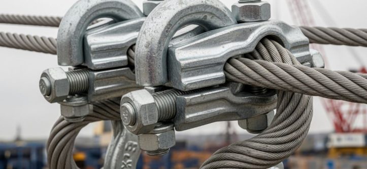 Heavy duty galvanized U-bolt rope clamps with grooved saddle plates securing thick steel cable for industrial rigging application