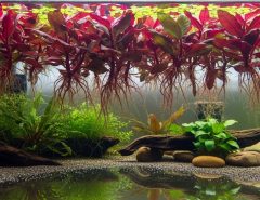 Red root floaters floating on freshwater aquarium surface with visible red roots