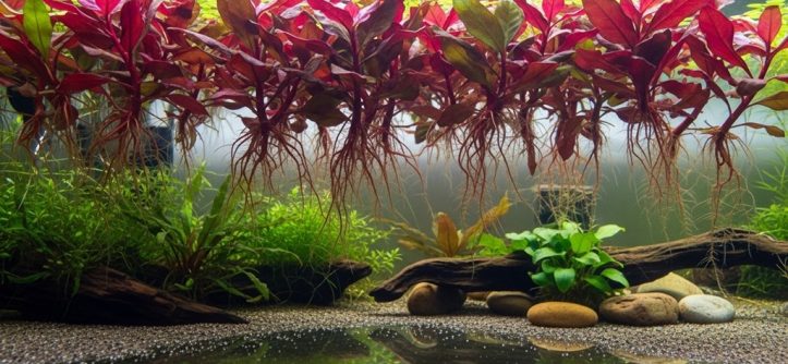 Red root floaters floating on freshwater aquarium surface with visible red roots