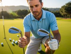 Golfer comparing cavity back and blade golf wedges on a putting green