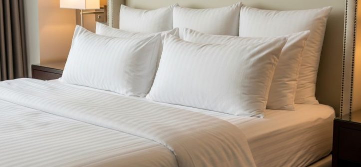 Fluffy white luxury hotel pillows arranged on bed with high-quality linens