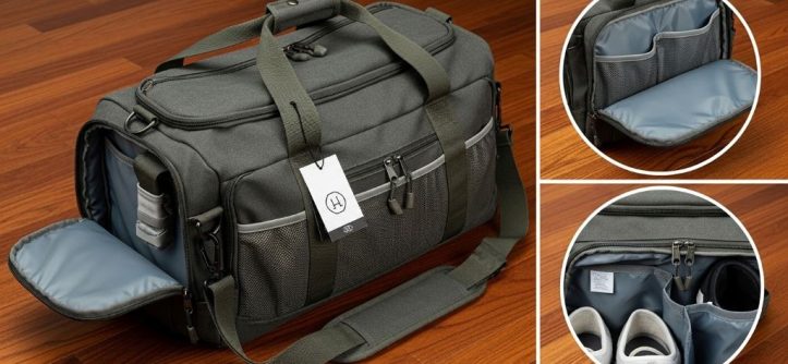Durable affordable duffel bag with multiple compartments displayed on wooden floor showing quality construction and practical design features