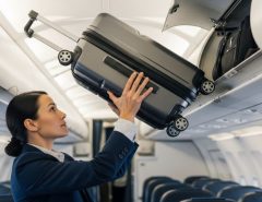 Traveler placing compliant carry-on suitcase in airplane overhead bin