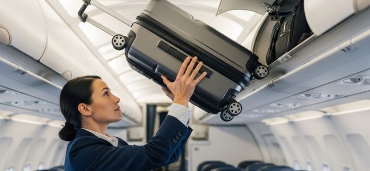 Traveler placing compliant carry-on suitcase in airplane overhead bin