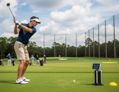 Golfer using an outdoor launch monitor on a driving range to track ball speed and distance data