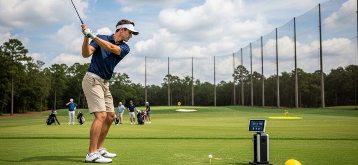 Golfer using an outdoor launch monitor on a driving range to track ball speed and distance data