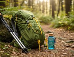 A lightweight and durable cheap backpack resting against a rocky trail with hiking poles and a water bottle beside it, surrounded by forest scenery