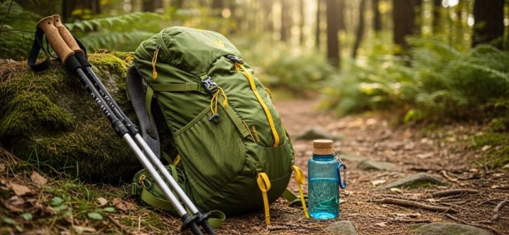 A lightweight and durable cheap backpack resting against a rocky trail with hiking poles and a water bottle beside it, surrounded by forest scenery
