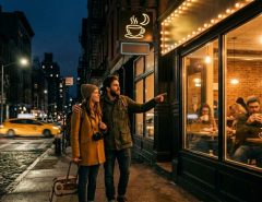 Travelers from Chicago enjoying late-night coffee in a cozy Manhattan cafe during winter