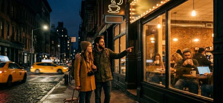 Travelers from Chicago enjoying late-night coffee in a cozy Manhattan cafe during winter