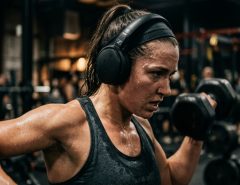 A sweaty athlete lifting weights while wearing secure wireless gym headphones.
