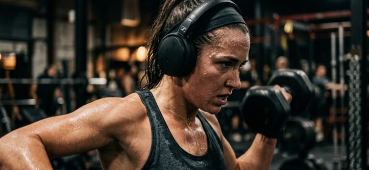 A sweaty athlete lifting weights while wearing secure wireless gym headphones.
