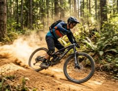 A rider racing downhill on a Canyon Spectral 125 AL 5 mountain bike.