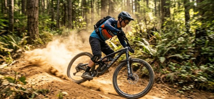 A rider racing downhill on a Canyon Spectral 125 AL 5 mountain bike.