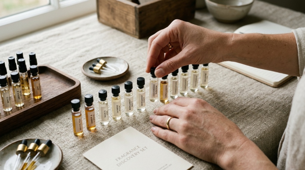 A woman spraying a perfume sample onto her wrist in a bright room.