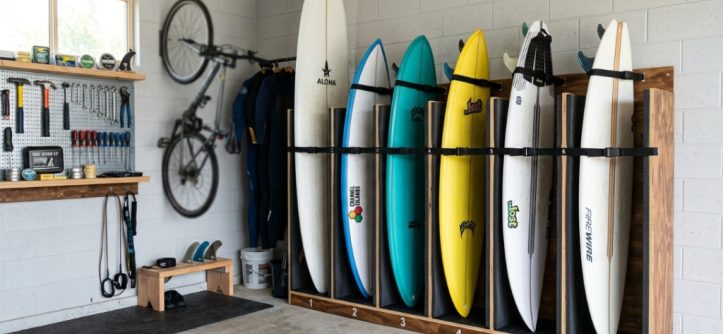 Wooden rack displaying three surfboards horizontally inside a clean garage.