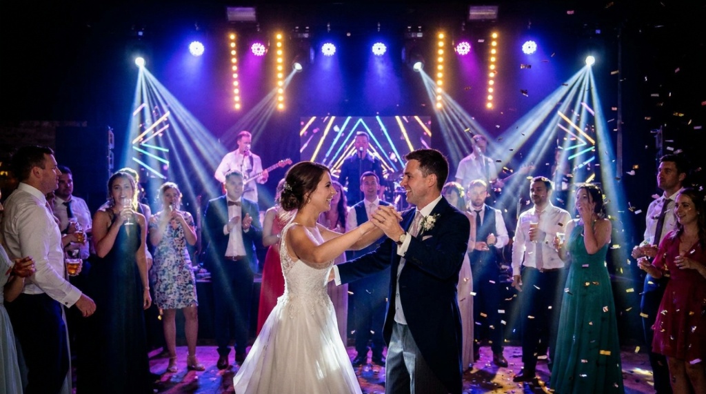 Colorful wash lighting illuminates couples dancing on a wedding reception dance floor.