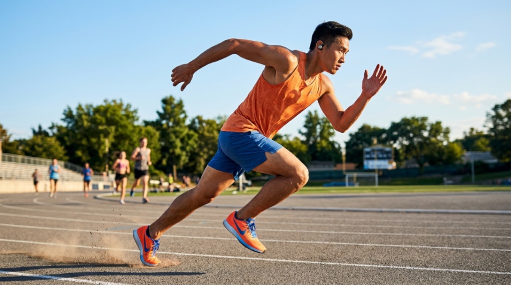 A runner sprinting on a treadmill wearing sweatproof wireless earbuds.