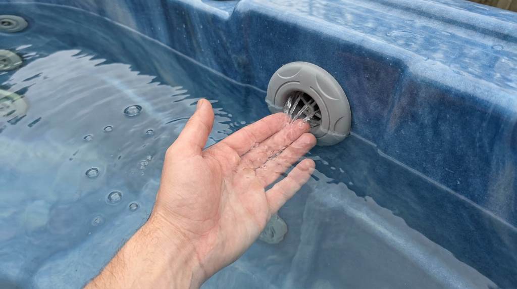 Spa pump with union fitting being loosened to release an air lock