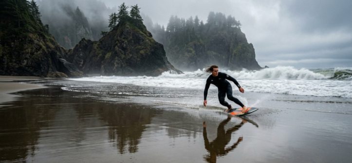 Skimboarder riding a shallow water reflection on a foggy Pacific Northwest shorebreak beach.