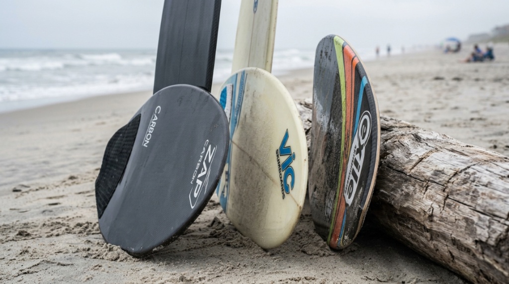 Three high-performance skimboards leaning against a large piece of driftwood on wet sand.