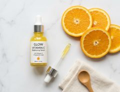 Woman applying brightening serum drops onto her cheek in a sunlit bathroom.