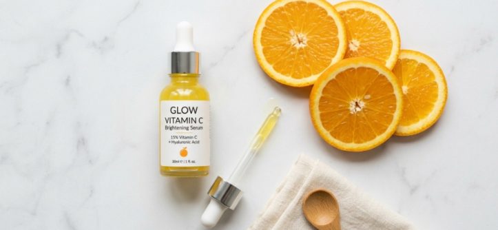 Woman applying brightening serum drops onto her cheek in a sunlit bathroom.