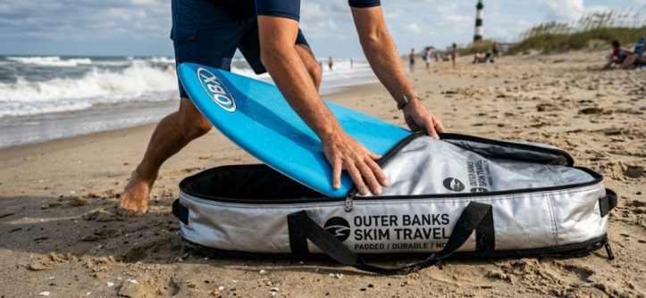 Person packing a blue skimboard into a padded silver travel bag on North Carolina sand.