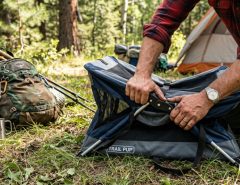 A traveler folding a lightweight portable dog crate next to camping gear outdoors.