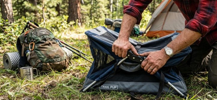 A traveler folding a lightweight portable dog crate next to camping gear outdoors.