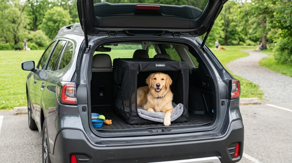 A golden retriever relaxing inside a collapsible travel dog crate in a sunny car trunk.