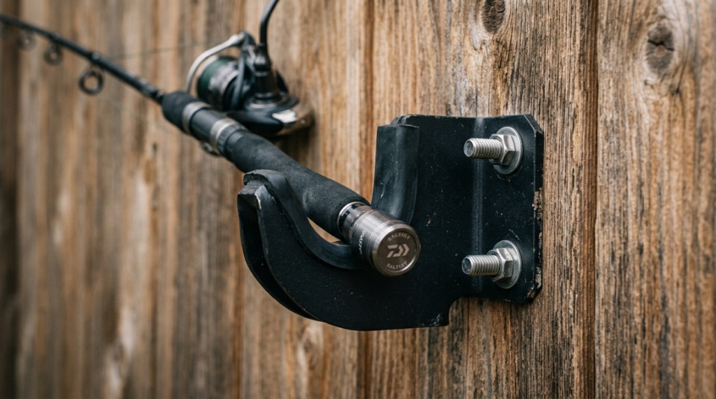 Close up of a sturdy wall mount rod rack securing fishing poles