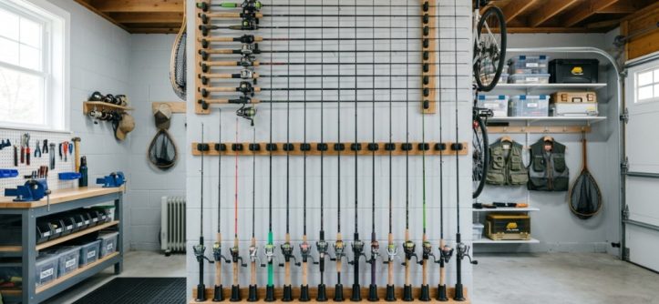 Neat garage wall mount rod rack organizing fishing rods vertically.