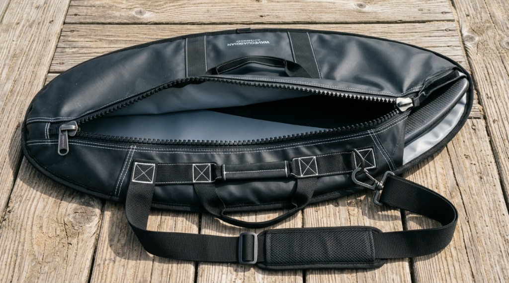 Close-up of heavy-duty zippers and reinforced stitching on a black skimboard bag.